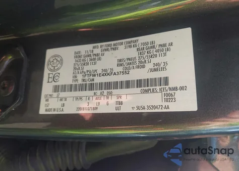 2019 Ford F-150 Lariat из США, поврежденный, VIN 1FTFW1E4XKFA37552